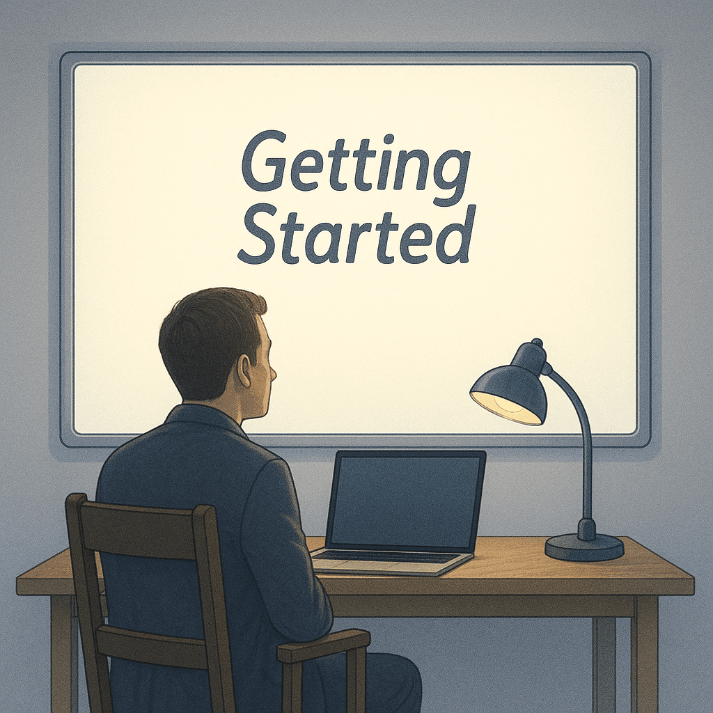 Getting Started podcast logo of person staring at a white board with only "Getting Started" written on it