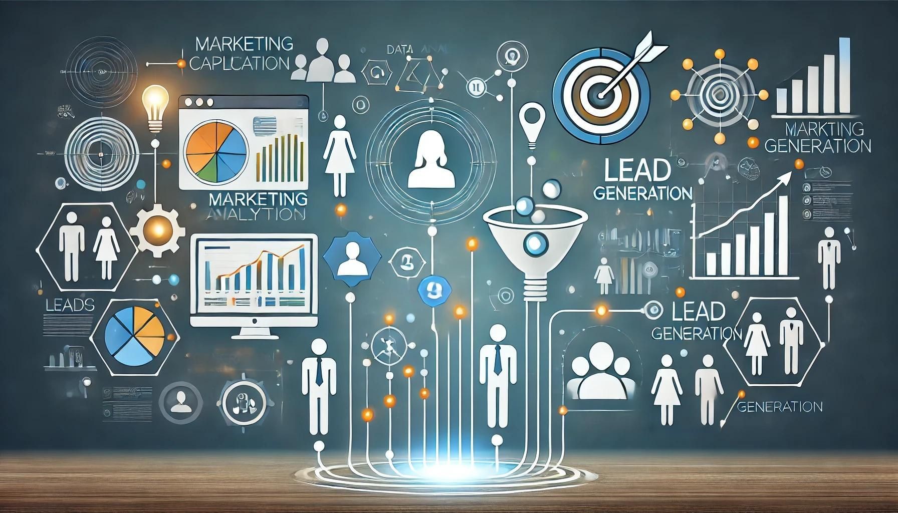 Digital illustration showcasing various aspects of marketing analytics and lead generation with charts, graphs, and icons.