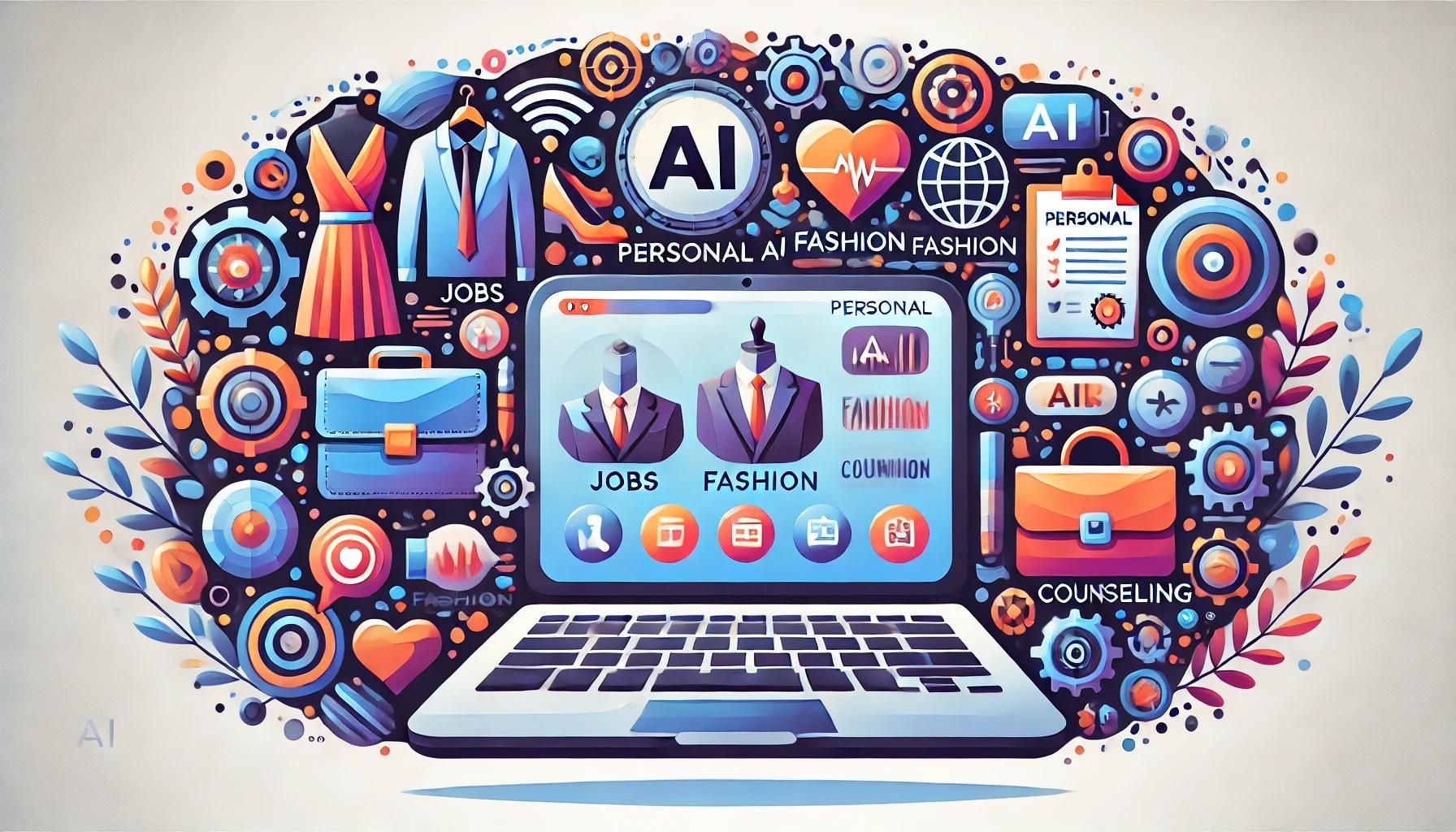 Illustration of a laptop displaying jobs and fashion icons, surrounded by AI and various professional symbols.