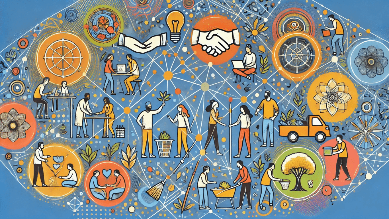 Illustration showcasing non-profit community service activities growing with a vibrant interconnected network, emphasizing teamwork, social impact, and collaboration.