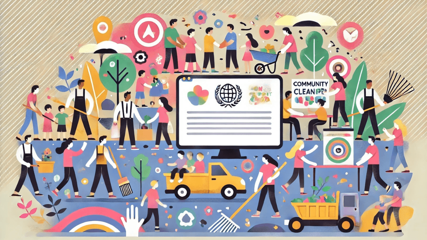 Vibrant illustration depicting community-driven non-profit web media promoting activities such as cleanups and teamwork.