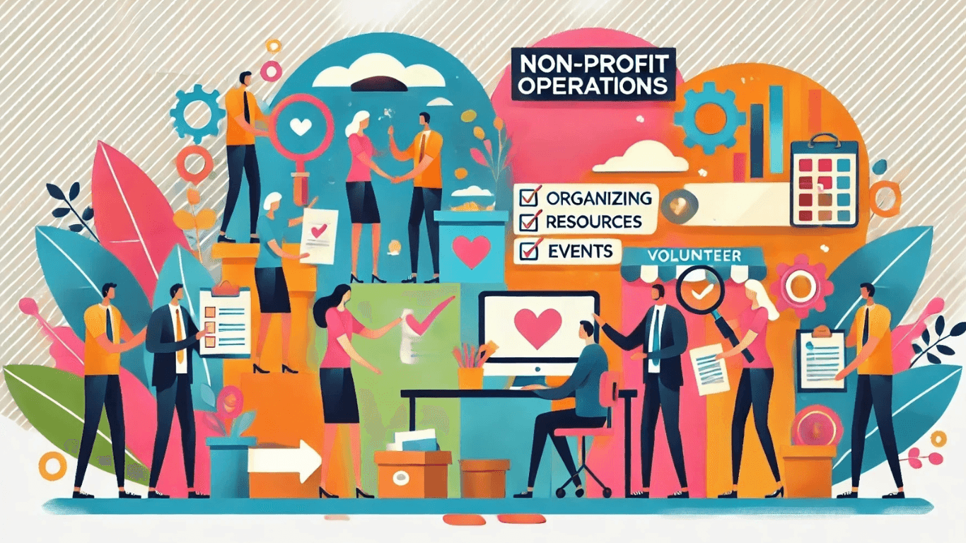 Illustration of non-profit operations highlighting resource organization, event coordination, and volunteer management to showcase administrative efficiency.