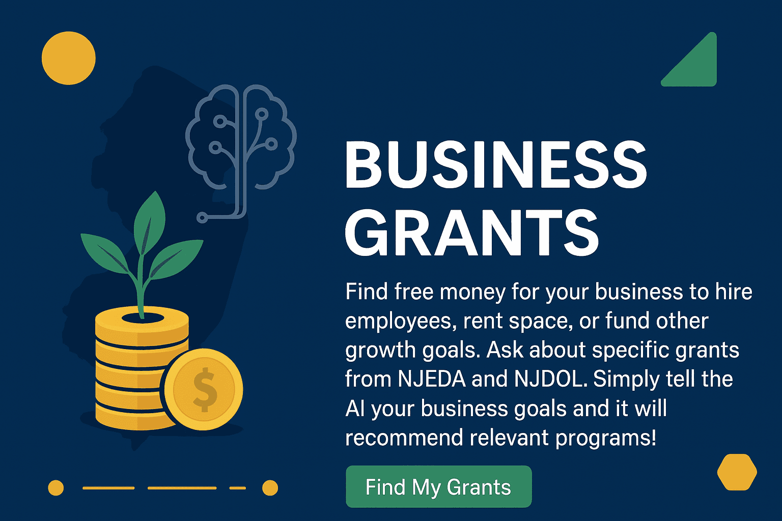 AI for NJEDA and NJDOL business resources and grants graphic for Genuine Technologies