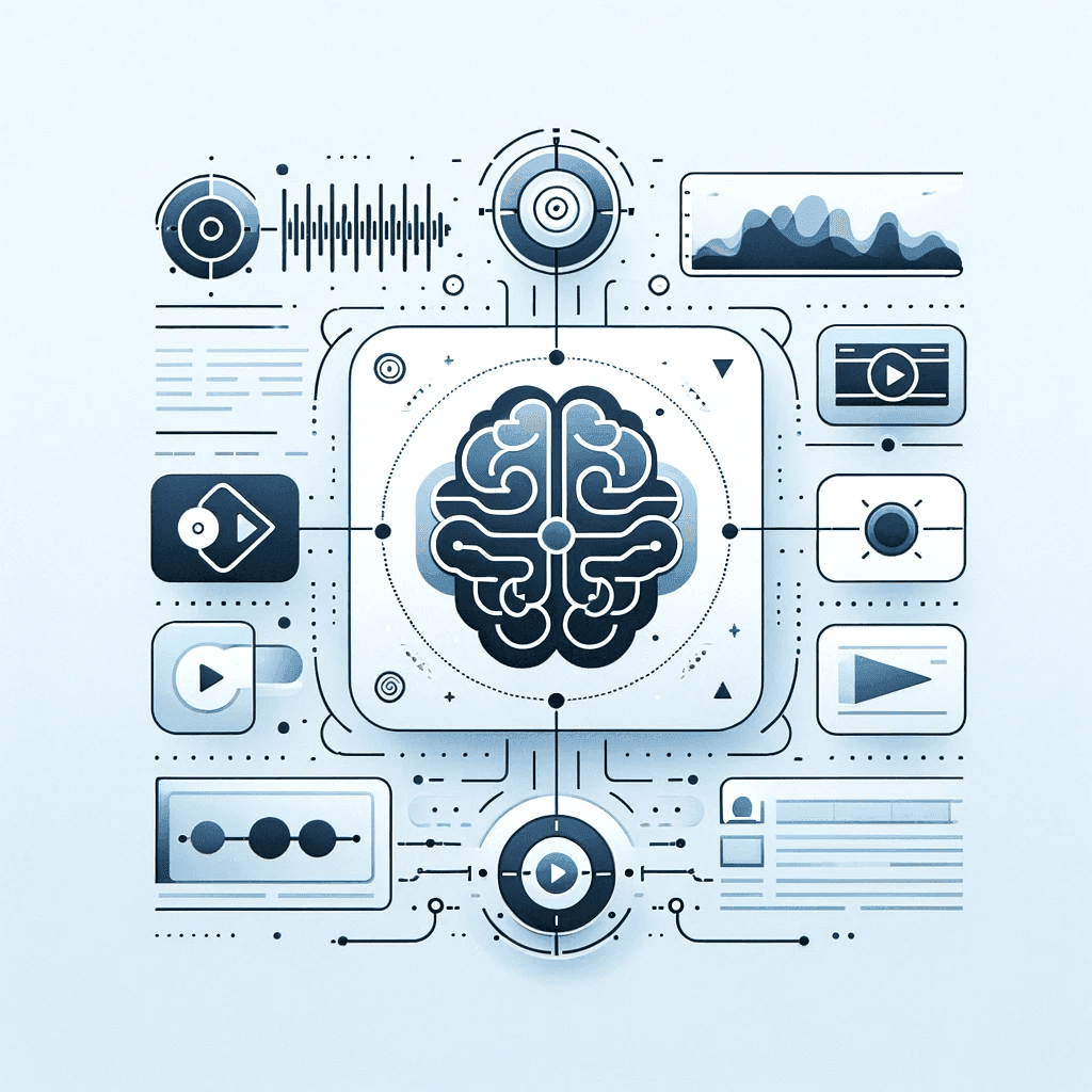 Abstract illustration of a digital brain surrounded by various multimedia icons and data visualizations.