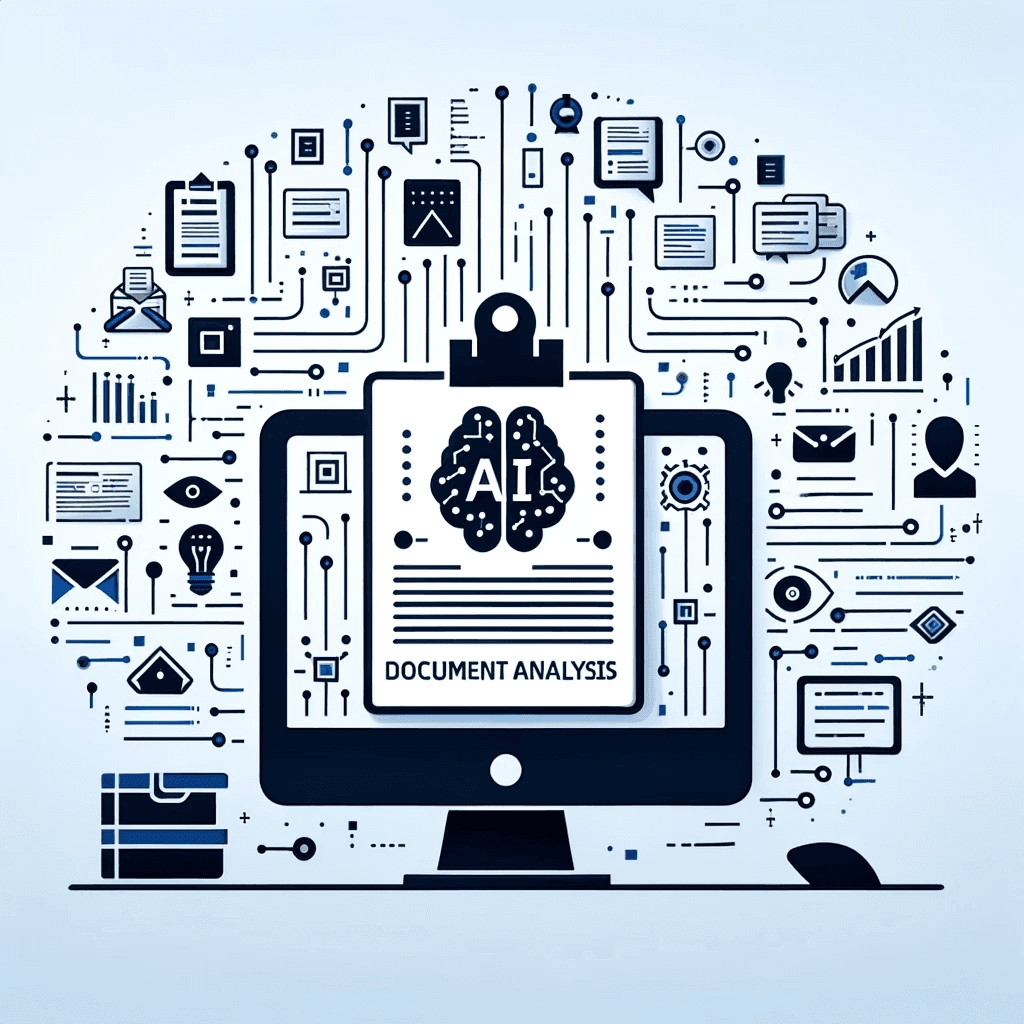 Illustration of AI-assisted document analysis displayed on a computer monitor surrounded by data and technology icons.